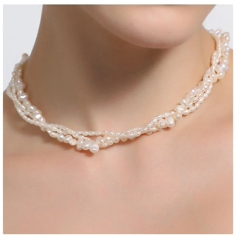

Vintage Twisted Three Layers Irregular Baroque Natural Freshwater Pearl Beaded Choker Necklace Customized Jewelry