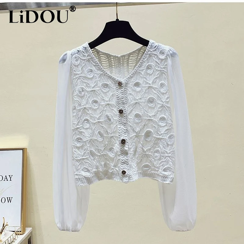 Женская кружевная блузка на пуговицах, однотонная Повседневная универсальная Блузка с V-образным вырезом и длинным рукавом, в стиле пэчворк, весна-осень 2023