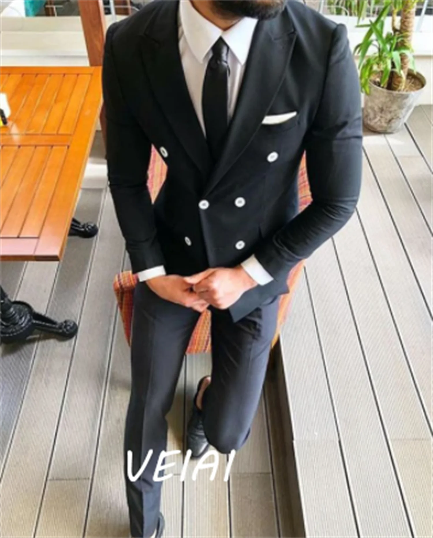 

Black Double Breasted Wedding Suits For Men Slim Fit Groom Tuxedo Dinner Party 2 Piece Male Fashion Jacket with Pants