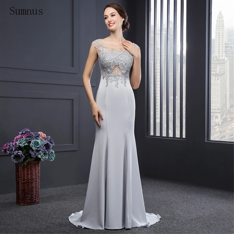 

Sumnus Gray Bridesmaid Dresses Scoop Neck Long Flowers See Through Lace Appliques Stain Vestido De Noiva Dresses For Women 2022