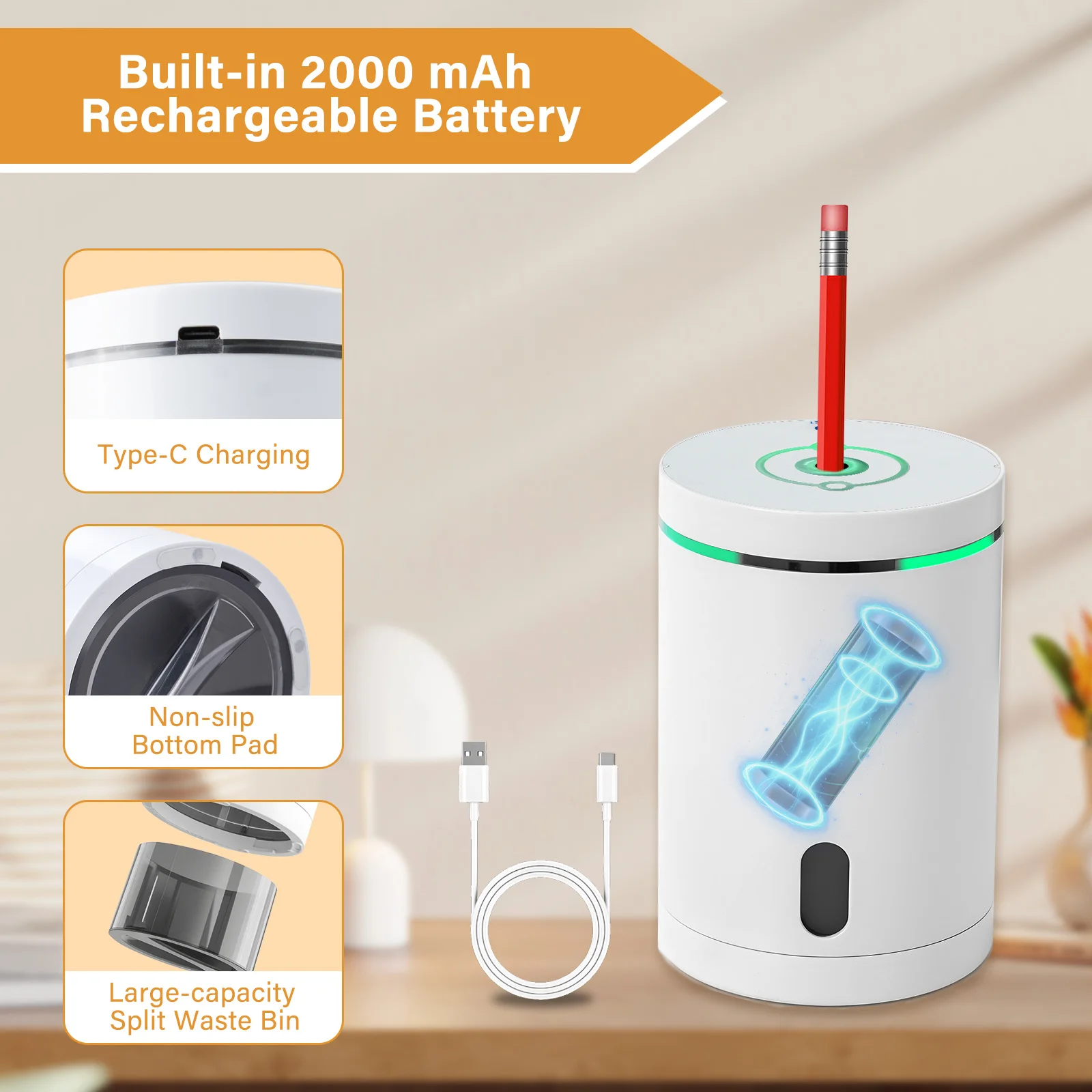 흰색 휴대용 자동 연필깎이, 6-8mm 연필과 호환 가능, 자동 공급 메커니즘, 오래 지속되는 배터리 수명