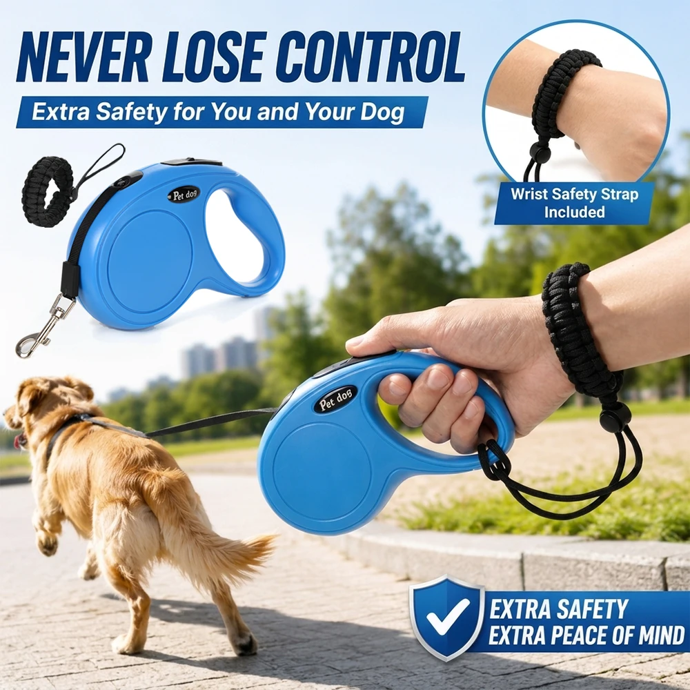 Hands-Free Retractable Pet Leash with Wrist Strap - Nylon Extendable Strap