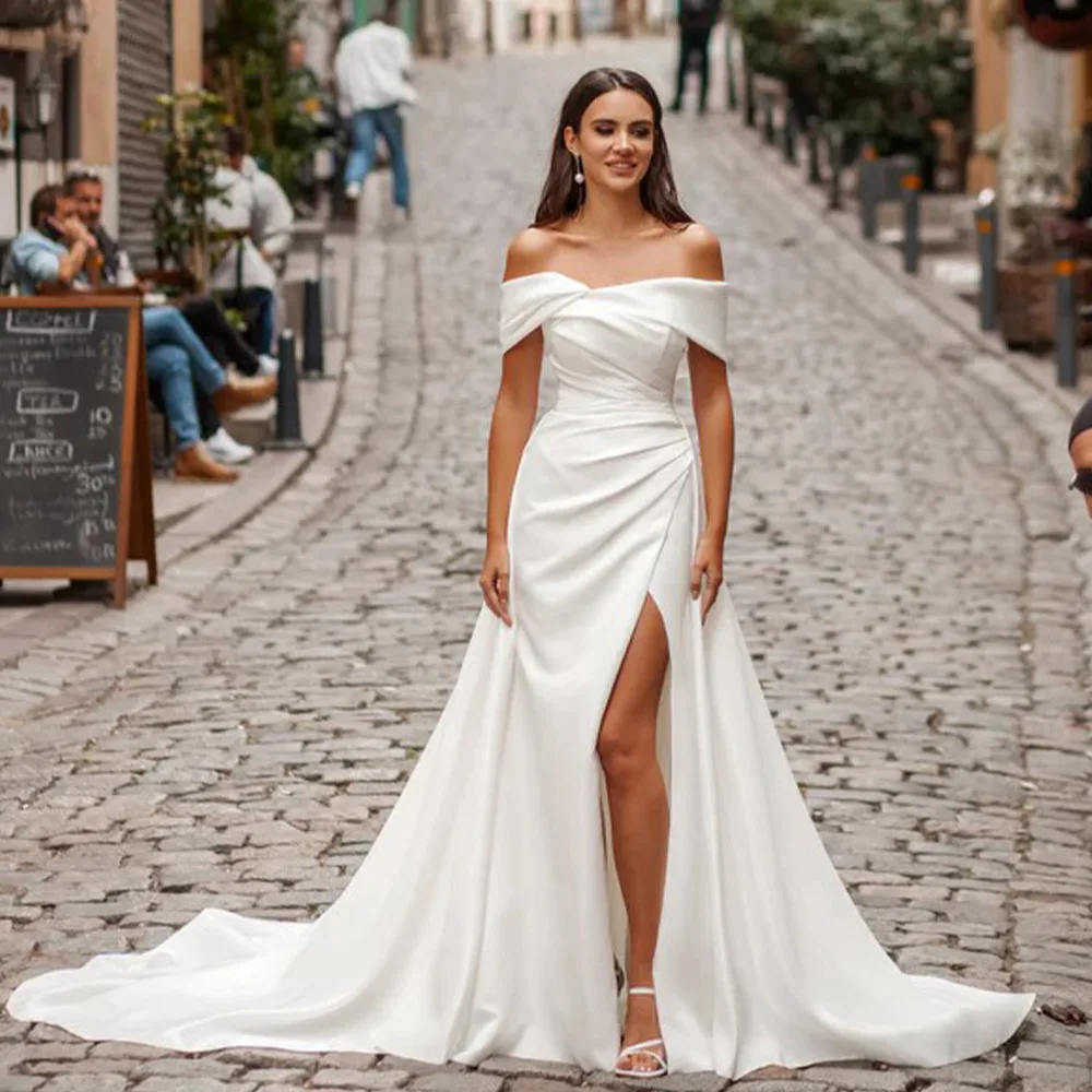 Off Shoulder Satin Mermaid Wedding Dresses Side Slit