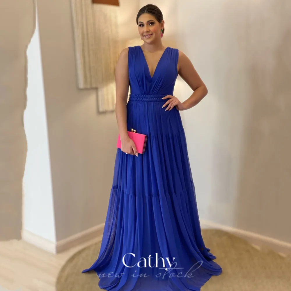 

Cathy Plus Size Vestidos De Noche Sapphire Blue A-line Evening Dresses Grace Tulle Prom Dress Sleeveless Party Dress