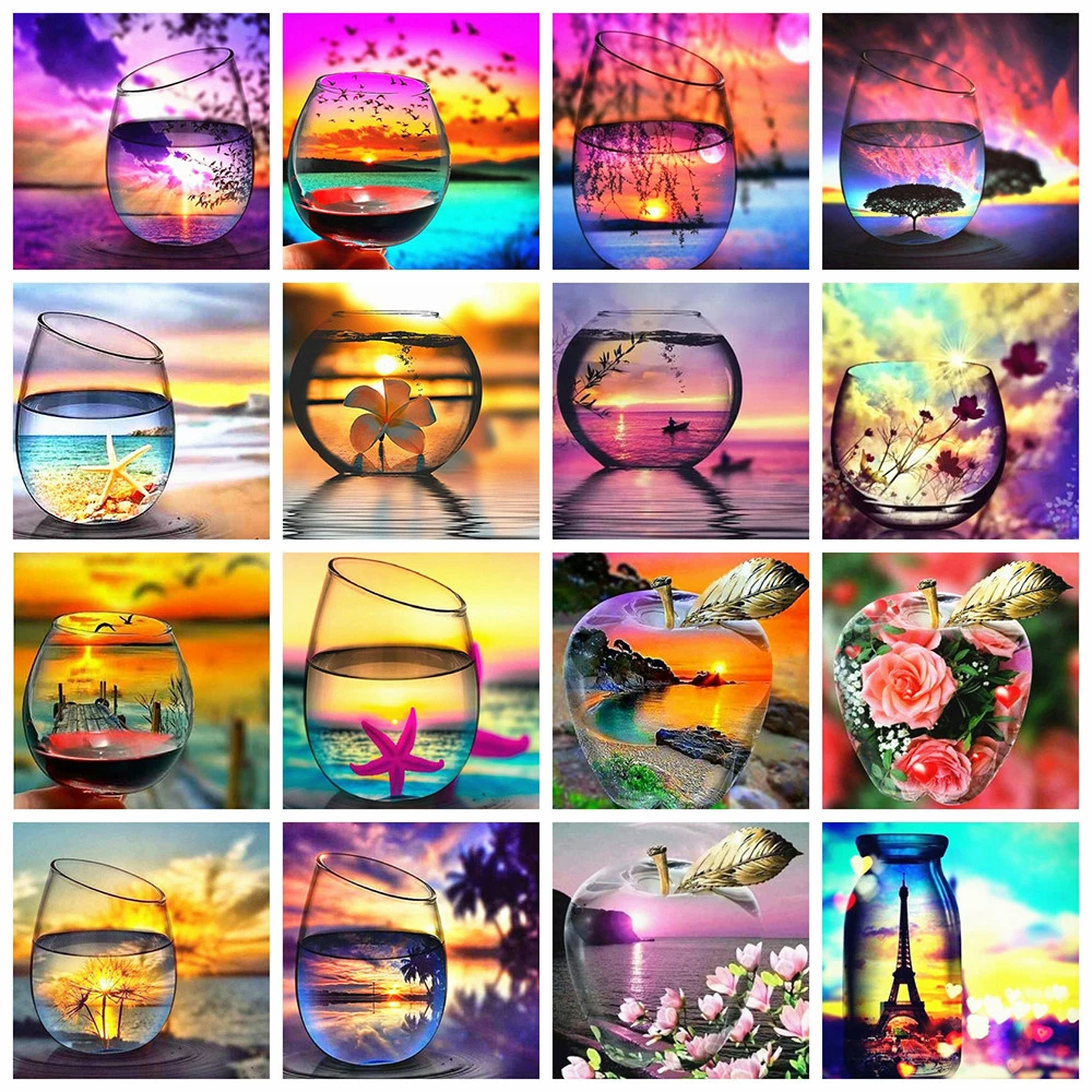 Huacan 5D Diamond Painting Full Square Cup Diamond Embroidery Sale Landscape Rhinestones Pictures Mosaic Sunset