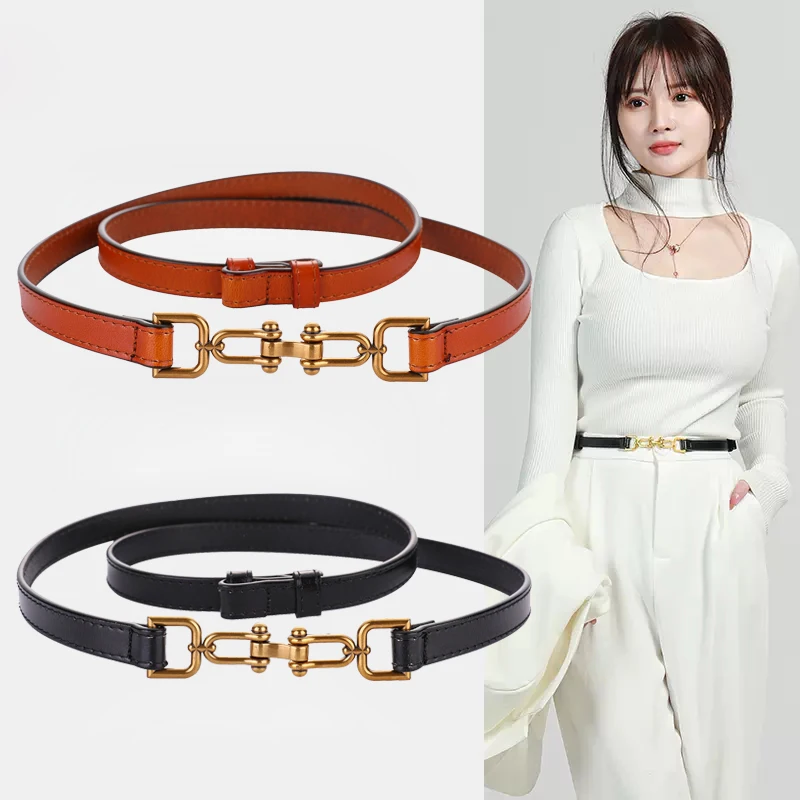 

Women's Genuine Leather Skinny Belt Skinny Cowhide Adjustable Thin Waist Belt with Metal Buckle for Women Jeans Dress Slim Belt