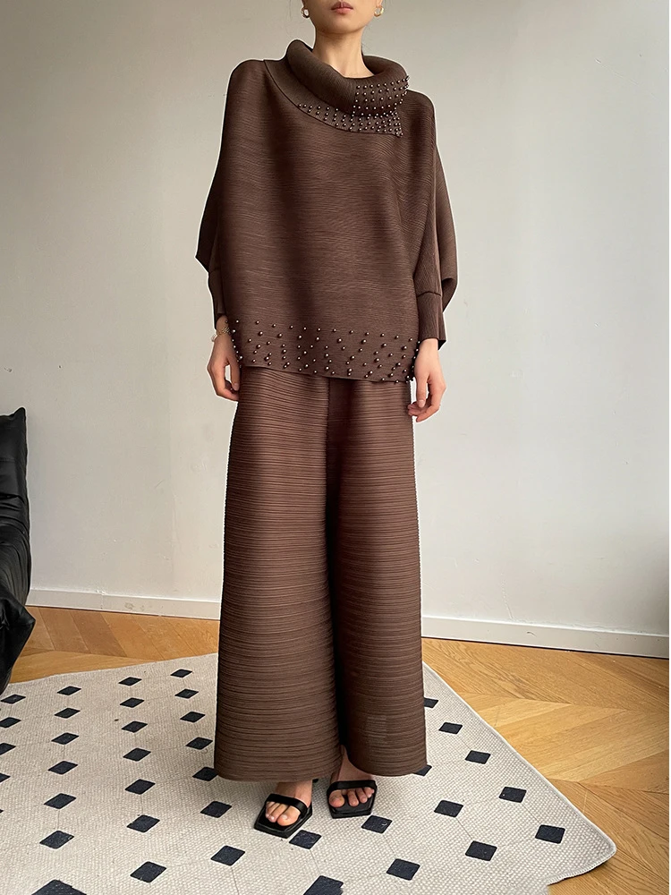 Miyake Pleated Lapel Bat Tops Women Two Piece Sets Spring Summer 2023 Solid Color Fashion Beaded T-shirt Loose Wide Leg Pants