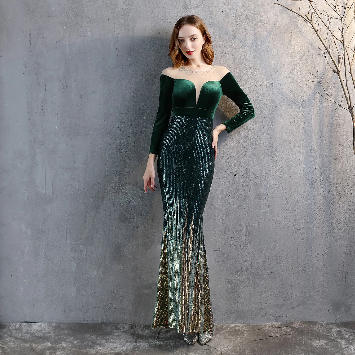 

Dark Green Long Sleeves Evening Dress Elastic Sequined Velour Mermaid Formal Gowns With Crystals Robe De Soiree In Stock