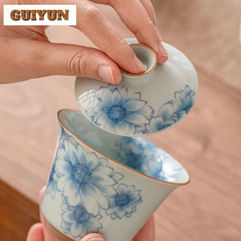 170ml Blue And White Sunny Flower Gaiwan Japanese Non Scalding Three Talented Tea Tureen Tea Making Cover Bowl Cafes Collection