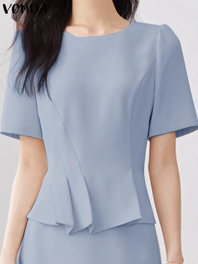 

VONDA 2024 Women Fashion Blouse Elegant Shirts Summer Short Puff Sleeve Tops Casual Round Neck Pleated Tunic Blusas Femininas