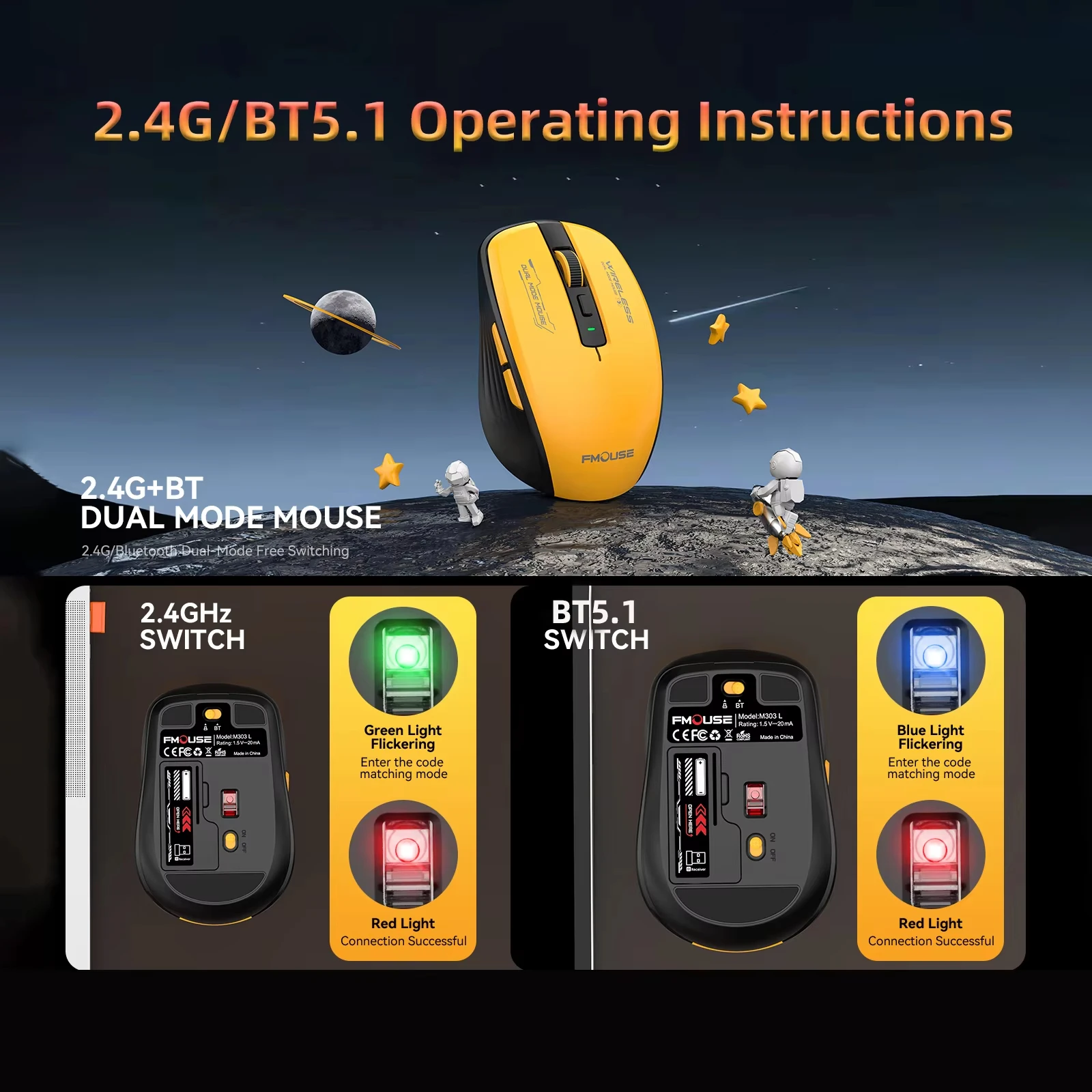 Enhanced Wireless Bluetooth Dual Mode Mouse - Silent & Portable with 1600 DPI