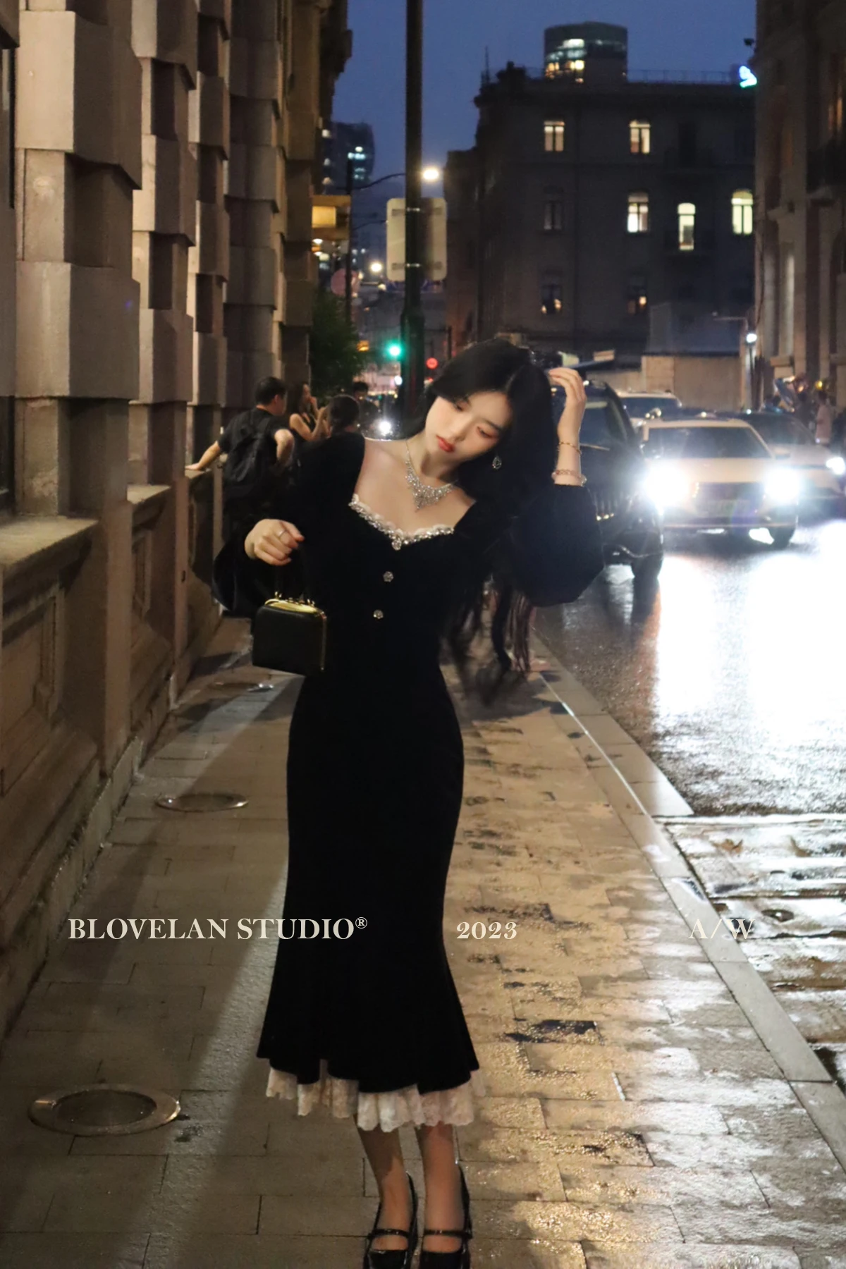 Elegant Black Velvet Midi Dresses for Women Square Collar Slim Bodycon Ruffles Patchwork Fishtail Autumn New Evening Party Dress