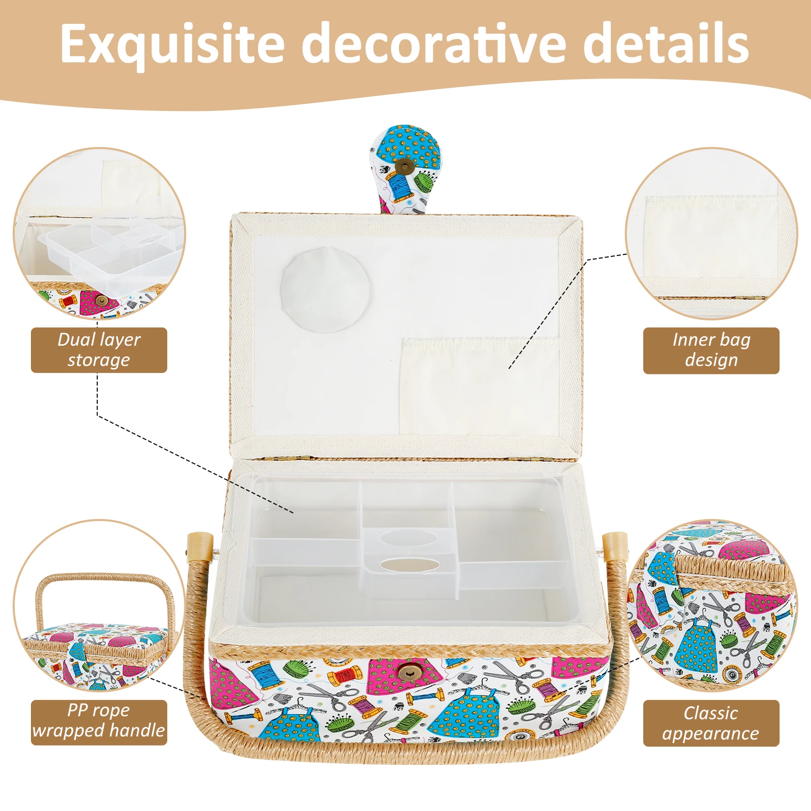 Sewing Basket with Removable Tray Practical Sewing Basket Organizer with Interior Pocket Portable Storage Box Stylish