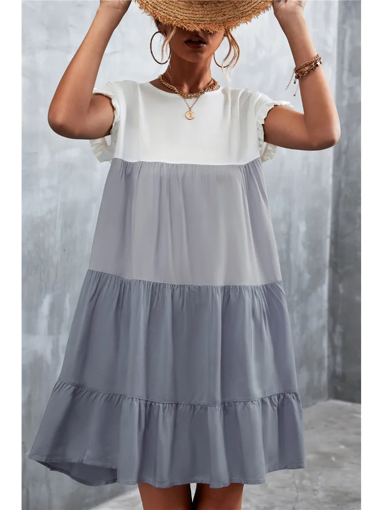 

Summer New Women Clothing Contrast Stitching Vintage Large Hem Dress Loose Casual Party Dresses Elegant Summer Dress Streetwear