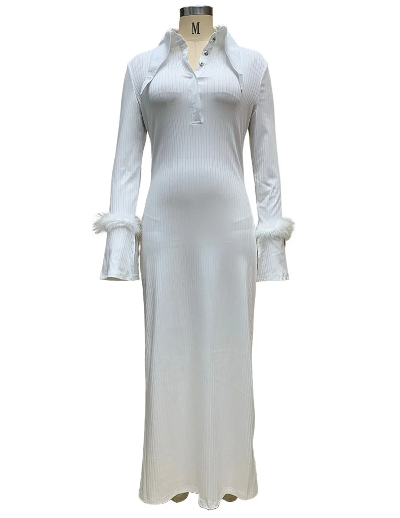 Autumn & Winter New Women's Fashion Polo Neck Feather Long Pit Stripe Dress Elegant & Beautiful Party Evening Dress