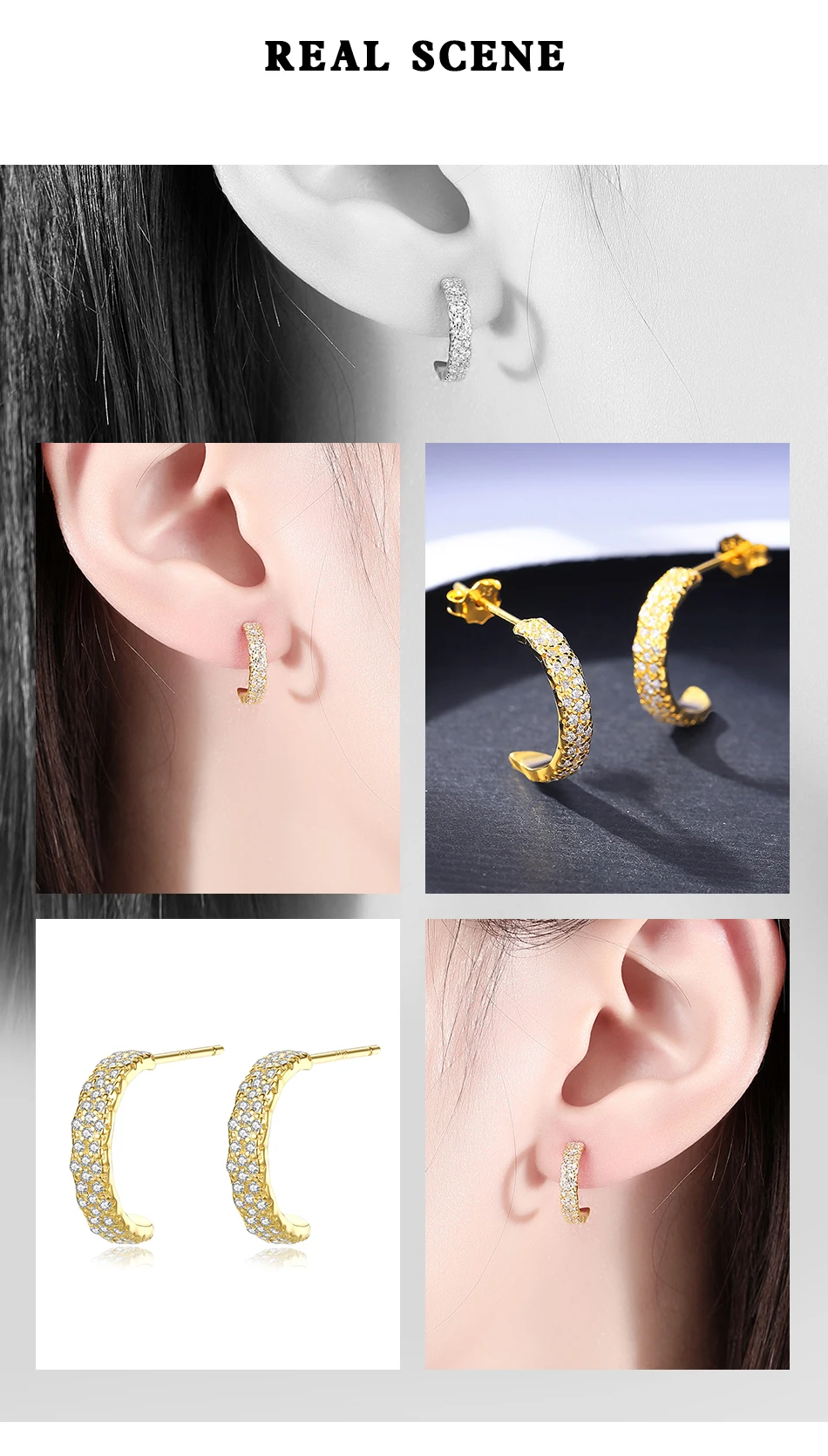 C Shape Sterling Silver Hoop Earrings for Women Cubic Zirconia 14k Gold Plated Girl Party Trendy Accessories_voghion.com