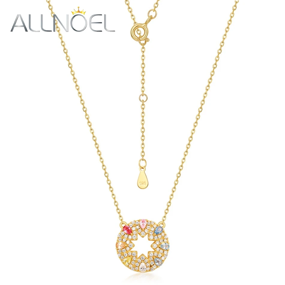 

ALLNOEL 925 Sterling Silver Necklace For Women Colorful Gemstones Rainbow Zircon Gold Plated Round Pendant Trendy Gifts Jewelry