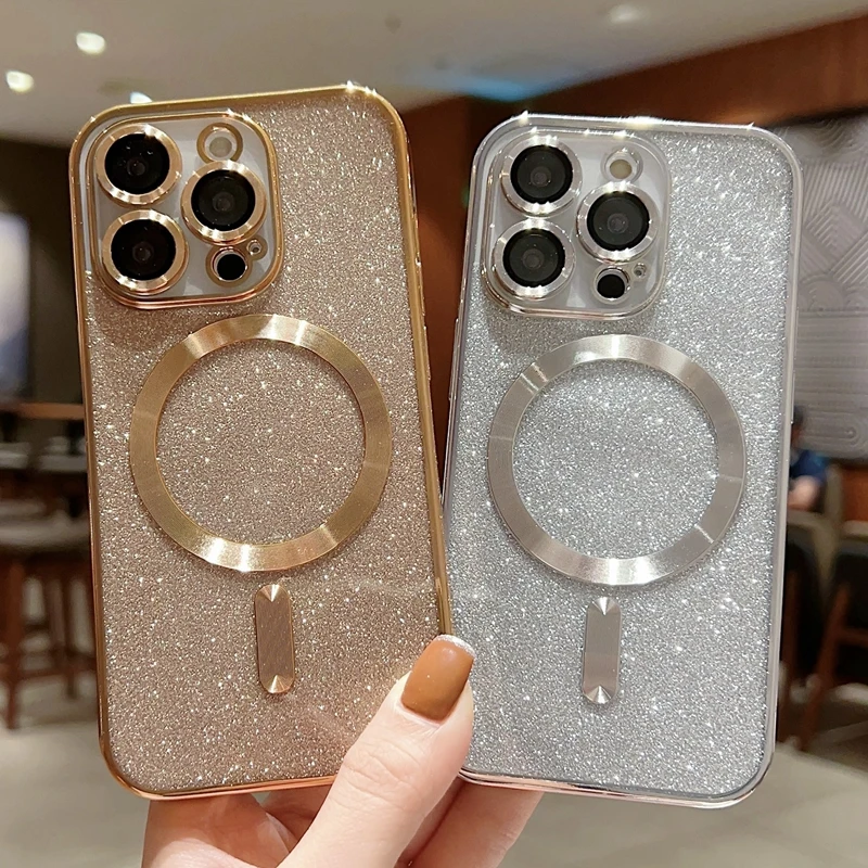 Luxury Electroplate Magsafe Wireless Charge Phone Case For iPhone16 15 14 13 12 11 Pro Max Plus Soft Bumper Glitter Cover Case