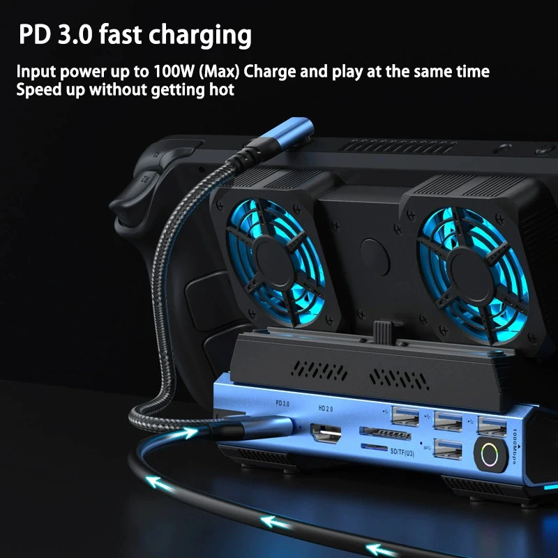 PD3.0 SD/TF RJ45 Detachable Fan steamdeck ROG switch gaming docking station docking stand with M2 hard drive enclosure 4K/60Hz 6