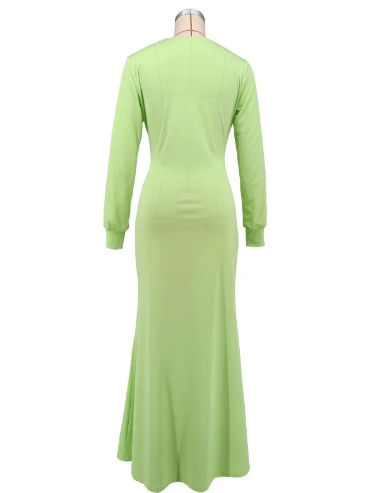 Wmstar Dress Women Wholesale Fashionable Deep V Neck Long Sleeved Waist Cinching Sexy Slit Solid Color Long Autumn Winter