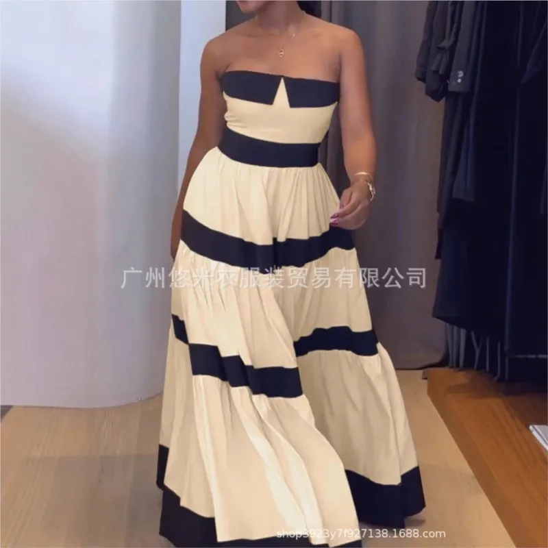Women Fashion New Elegant Long Dress Patchwork Bowknot Strapless Sleeveless Backless High Waist Stripes Long Dress Party Female 3