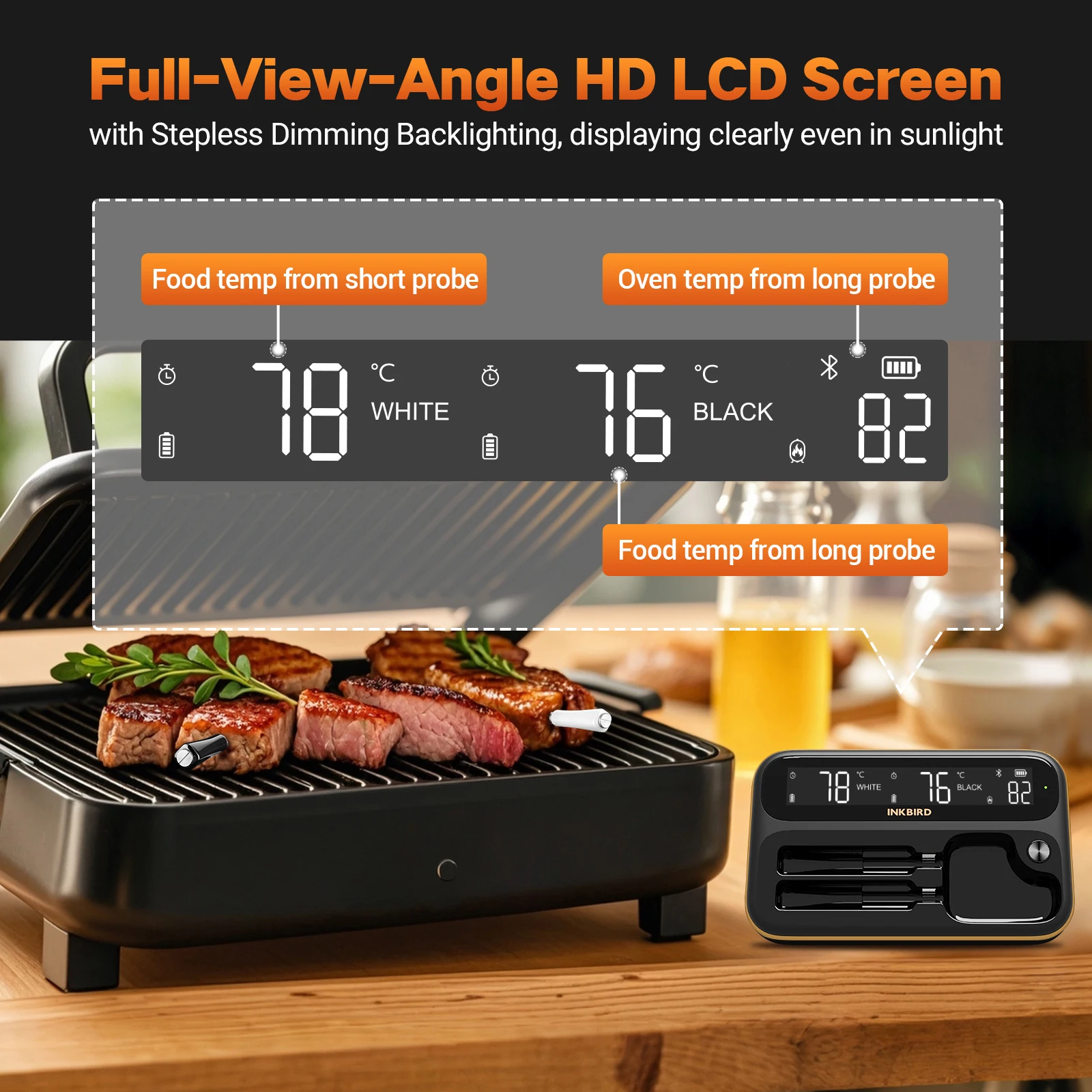 Dual Mode Wireless Meat Thermometer,Long Short Probe Combo,Backlit HD LCD,IP67 W