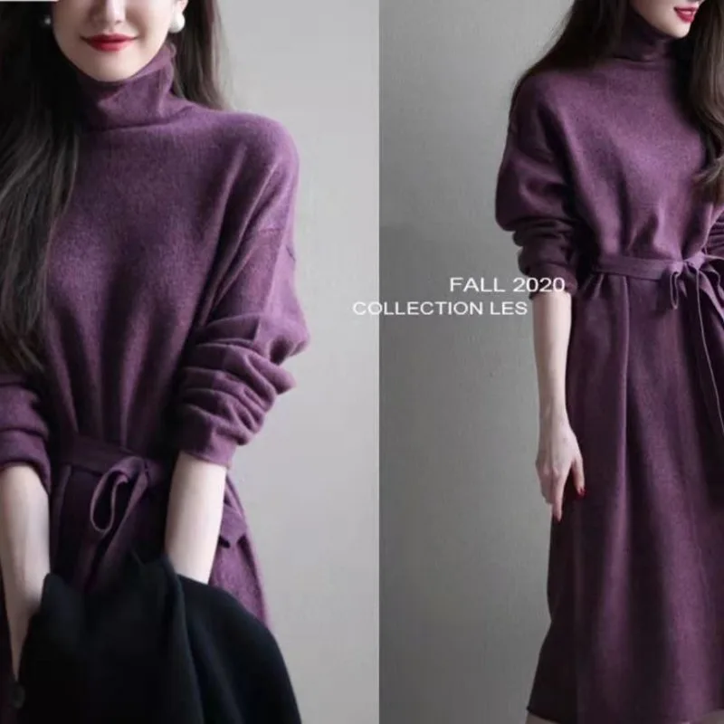 Knitted Coat Dress for Women Autumn Winter Sweater Dress Mid-length Over the Knee Temperament Western Style Inner Layering Skirt
