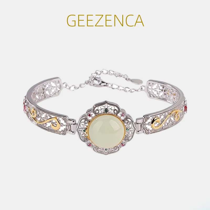 

GEEZENCA Natural Jade S925 Silver Two Tone Hollow Craft Bracelet For Women Zircon Vintage Ethnic Bracelets Luxury Gift 2023 New