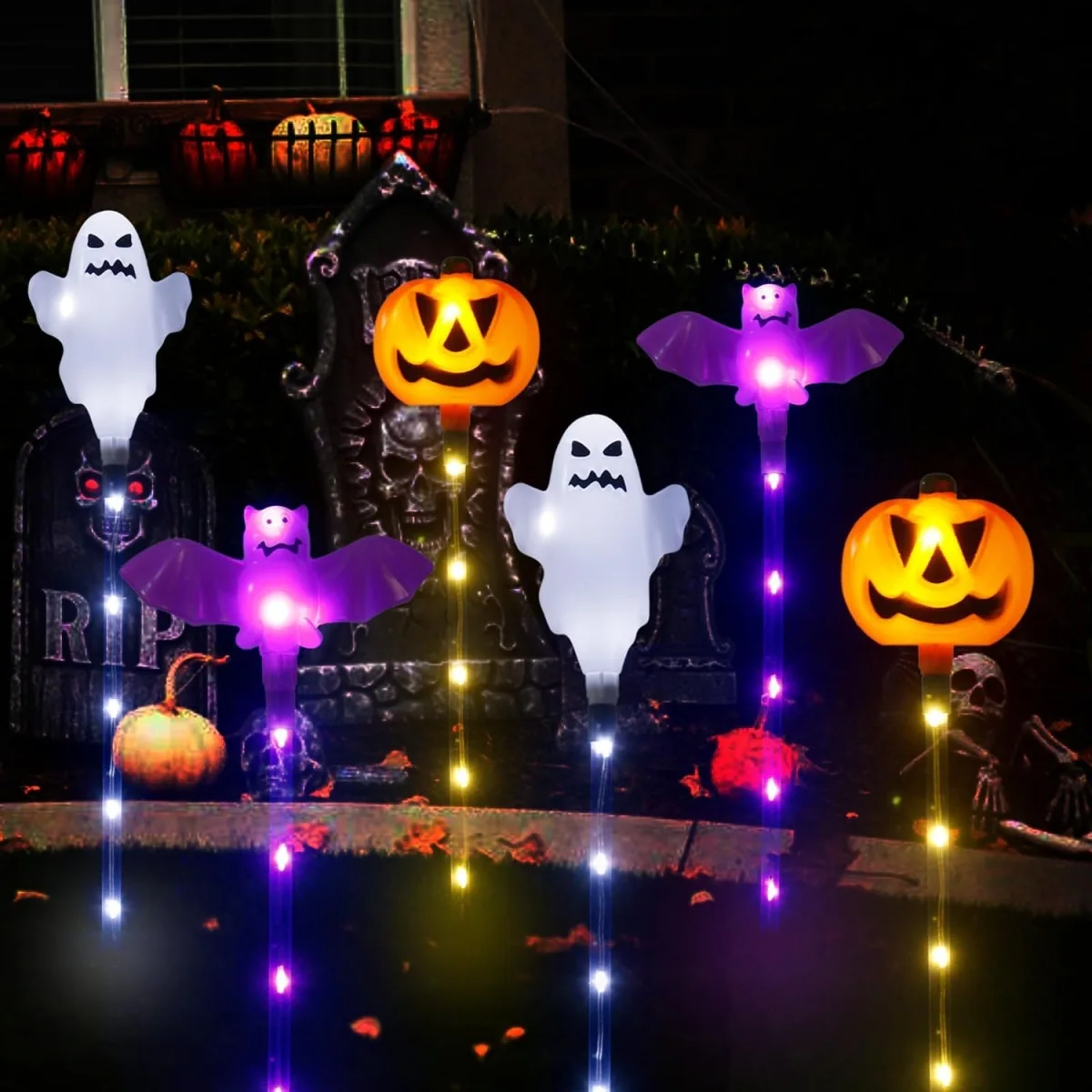 Description Picture 3 of item6 Pcs Solar Powered 8 LED Pumpkin Bat Ghost Garden Stake Light With 8 Lighting Modes Waterproof Halloween Outdoor Landscape Lamp