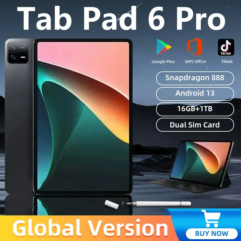 2024 오리지널 글로벌 버전 태블릿 PC, 안드로이드 13, 패드 6 프로, 스냅드래곤 888, 16GB + 1TB 및 5G 듀얼 SIM 카드, HD 4K 탭, 신제품
