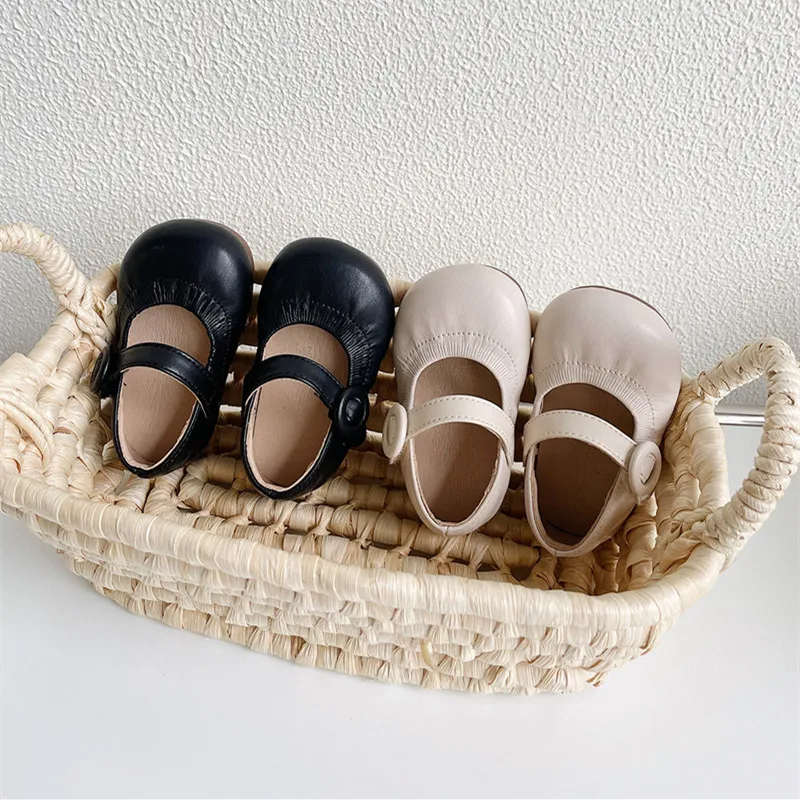 Spring Autumn New Baby Girls Leather Mary Janes Fashion Princess Shoes Children's Flats Black Beige 15-25 spring autumn new baby girls leather shoes solid color toddler first walkers kids single flats shoes princess fashion mary janes