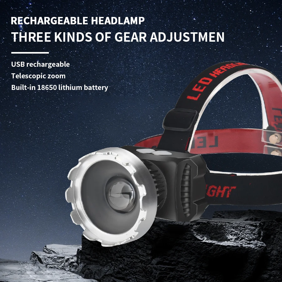 Description Picture 2 of itemSuper Bright XHP50 LED Headlamp Telescopic Zoom Head Flashlight Built-in 16850 Battery USB Rechargeable Fishing Head Light