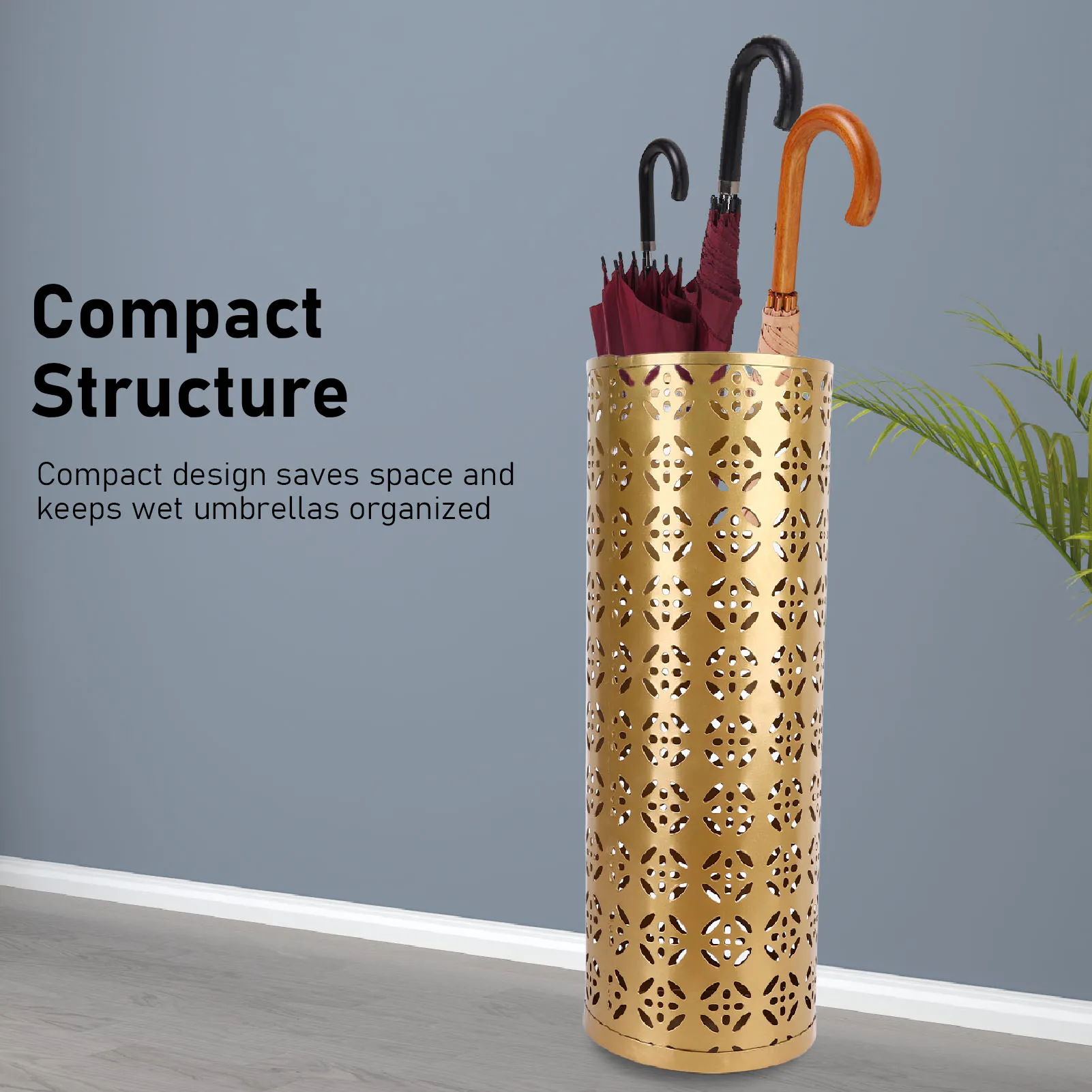 ZK20 Umbrella Holder Round Rust Proof Stylish Hollow Copper Pattern Metal Umbrella Holder Bin for Home Entryway Gold