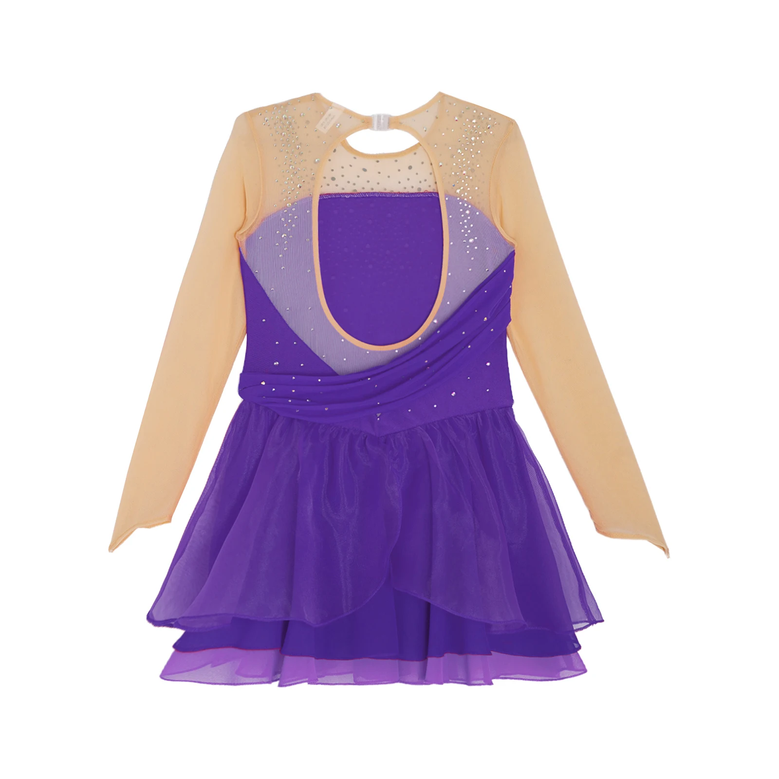 Kinder Mädchen Ballett Lyrical Dance Kleid Eiskunstlauf Leistung Kostüm Glänzende Strass Lange Ärmel Gymnastik Trikot Tutu – Detail 22
