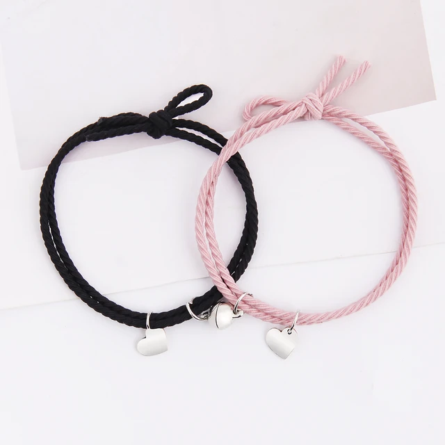 Bracelet amitié en corde tressé magnétique forme cœur 1 paire