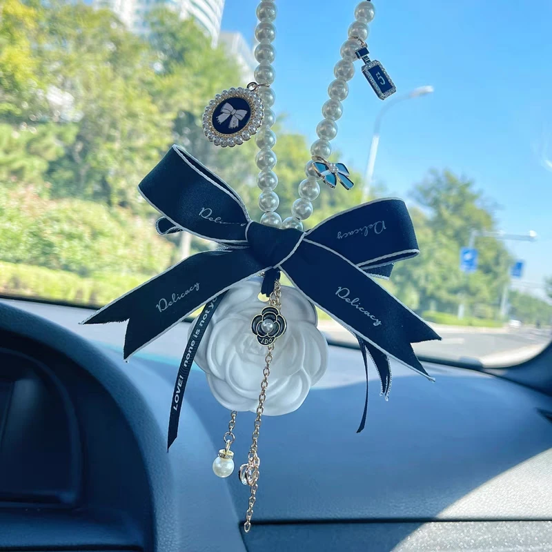 Pearl Camellia Flower Tassel Car Pendant Gypsum Aromatherapy Auto Rearview  Mirror Hanging Ornaments Decoration Accessories Girls