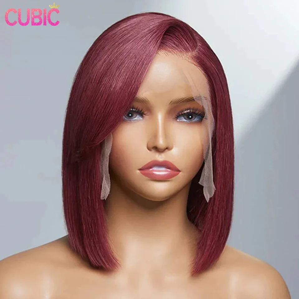 

Прямой короткий парик из человеческих волос Боб для женщин, прямые волосы с прямыми косточками на сетке спереди, бордовые 99J, парик с прямыми косточками на сетке спереди