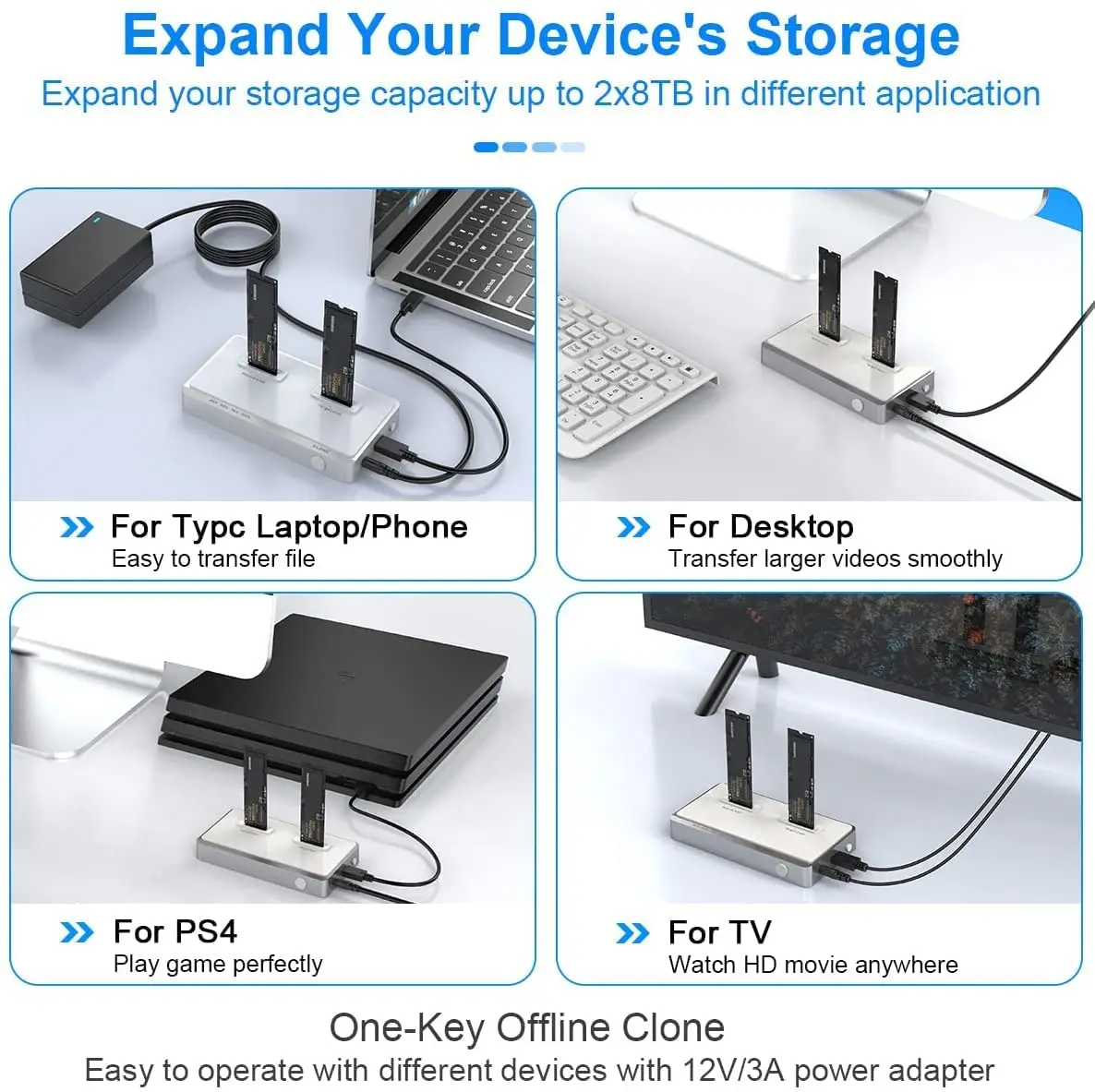 Dual-Bay NVME Docking Station Tool-Free Offline Clone M.2 