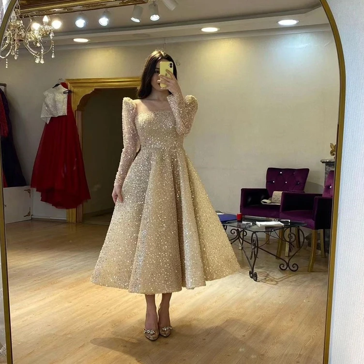 MOBUYE 2024 Arab Dubai A-Line  O Neckline Prom Dress  Tea Length Evening Fashion Elegant Party Dress For Women