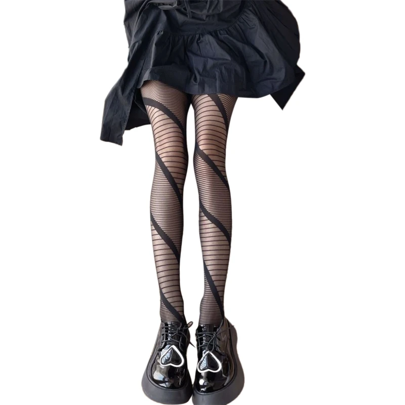 

Women Dark Gothic Ultra-Thin Silky Pantyhose Harajuku Irregular Spiral Striped Patterned Sheer Tights Stretchy Bottoming