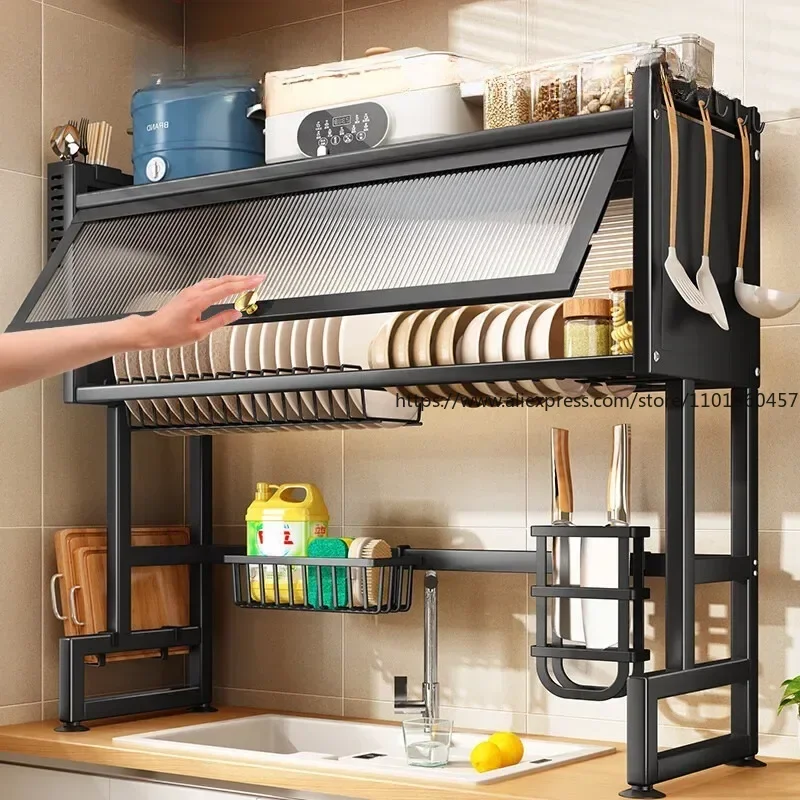 Cabinet Door Sink Shelf Kitchen Storage Shelves Seasoning Tableware Draining Dustproof Bowl Plate Organizer Kitchen Accessories 4