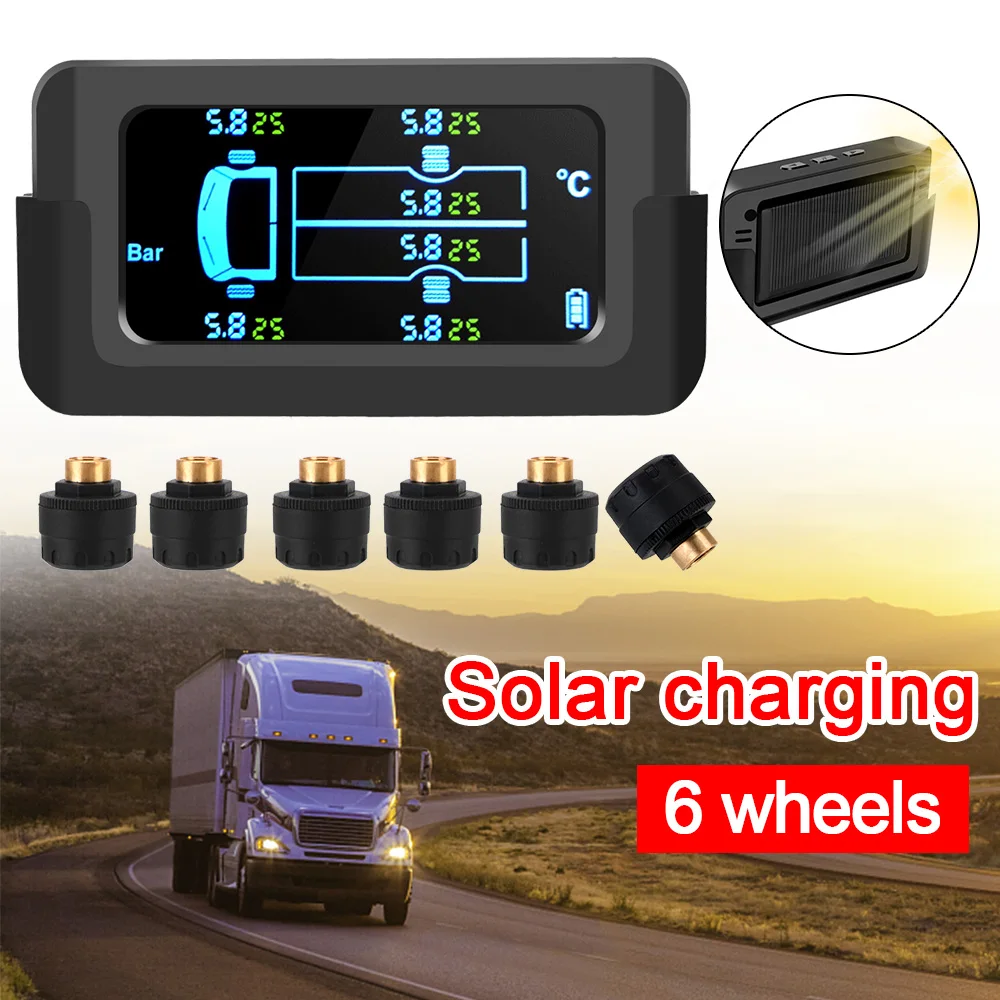 

Tire Pressure Monitoring System 165Psi 14.5bar Digital LCD Display Save Fuel Solar Smart Car TPMS Auto Security Alarm 6 Sensors
