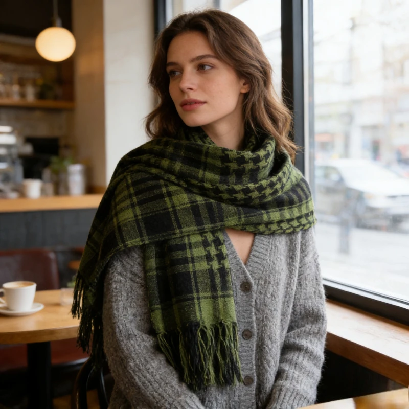 1PC Winter Warm Scarf,Grid Handsome Shawl,Lightweight, Comfortable, Suitable for Daily Commuting Use, Scarf with Tassels, Unisex