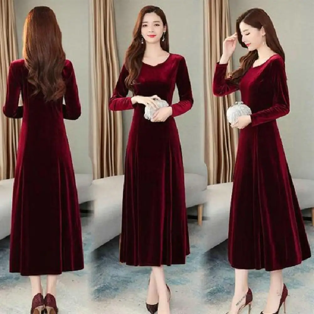 

Women Round Neck Long Skirt Stylish Women's A-line Winter Dress Big Swing Soft Warmth Elegant Prom Evening Attire Solid Color