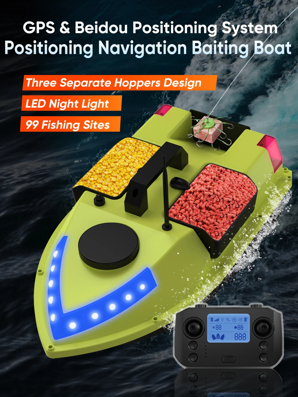 D20 GPS RC Köderboot 600M Kabelloses Ferngesteuertes Angelköderboot Futterboot mit 3 Köderbehältern 7 LED-Leuchten – Detail 1