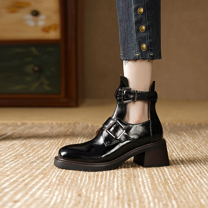 

NEW Autumn Women Boots Round Toe Chunky Heel Short Boots Women Split Leather Shoes for Women Belt Buckle Shoes Hollow Out Boots