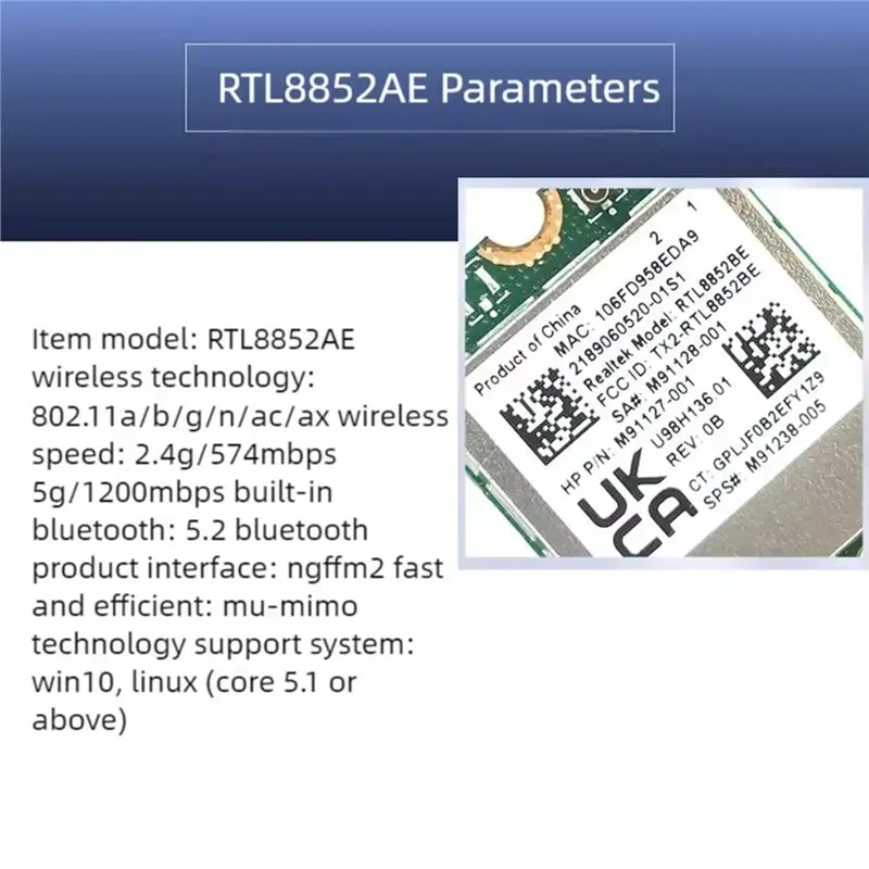 A23F-RTL8852AE Wifi 6 네트워크 카드(8Dbi 외부 안테나 포함) 1800M 무선 Wifi 모듈 Windows 10 11용 M.2 NGFF 어댑터