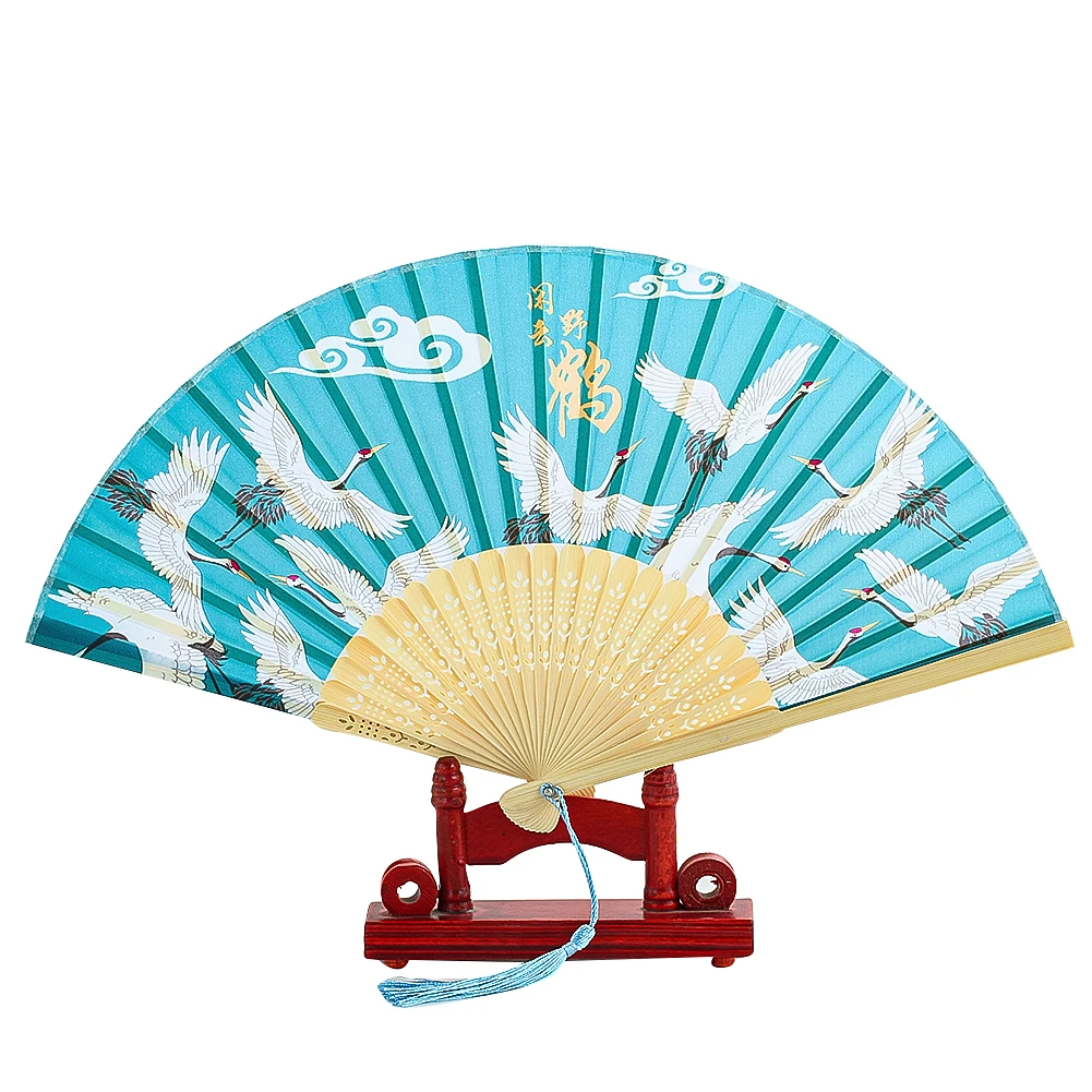 

Chinese Style Crane Ruihe Folding Hand Fan Portable Cheongsam Hanfu Dance Performance Fan with Ribbon Home Decor Craft