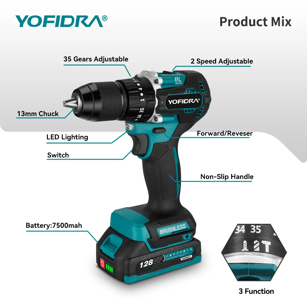 YOFIDRA 13mm 35+3 토크 브러시리스 전기 임팩트 드릴 무선 고효율 전기 스크루드라이버 마키타 배터리 핀용 공구