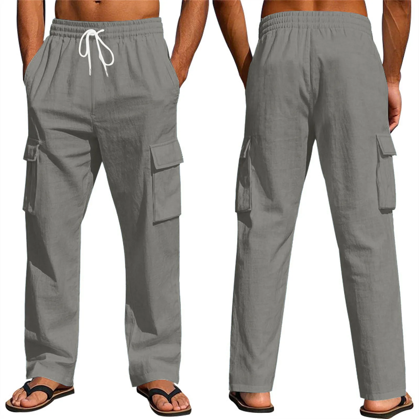 أزياء الرجال الكتان البضائع السراويل متعددة جيب ال...